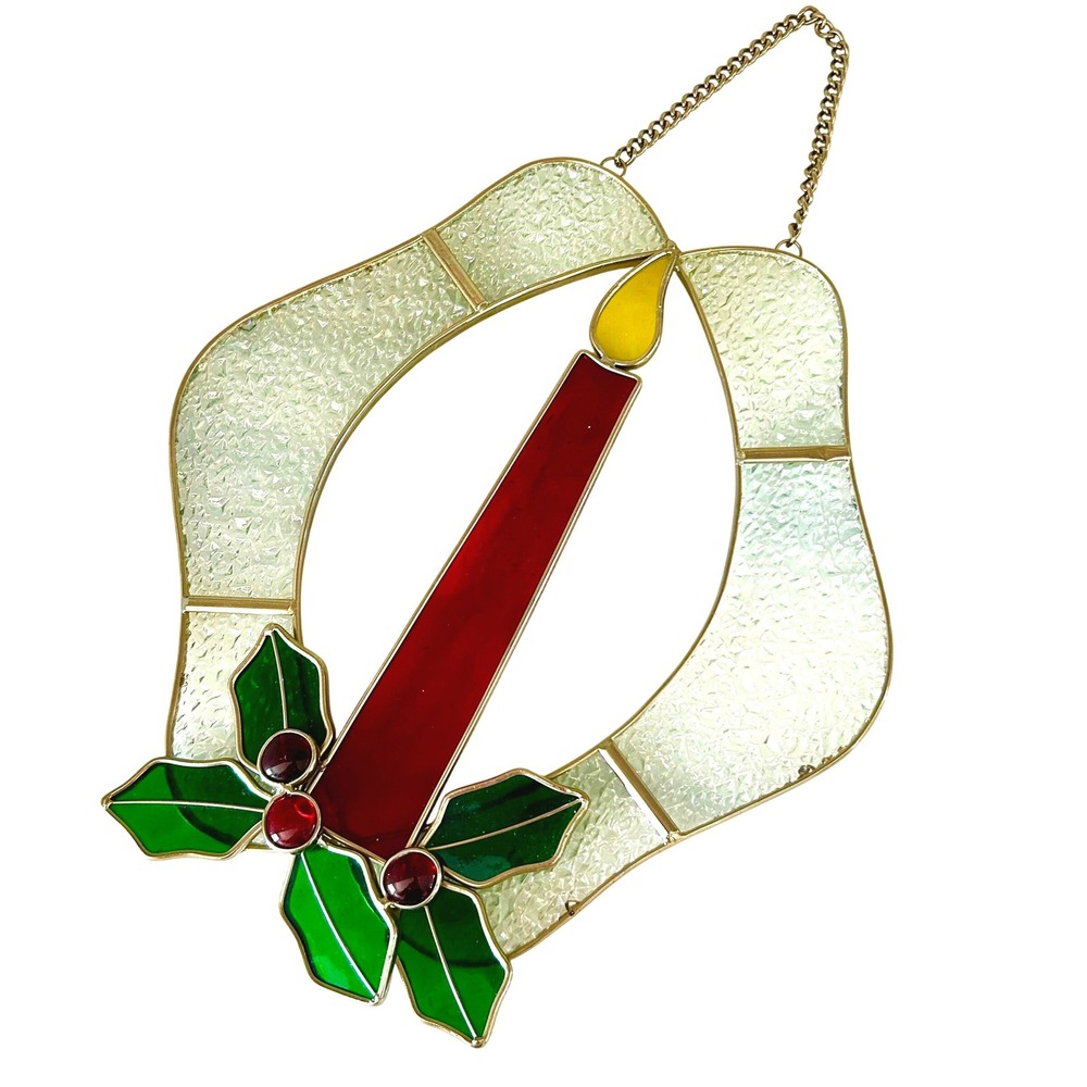 Vintage Christmas Stained Glass Suncatcher Candle Holly Berry Window Hanging